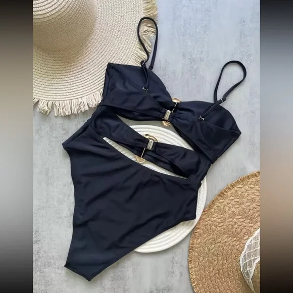 NWT - Swimsuit Body Cutout Bandeau Gold Accents Adjustable Straps - Luxury Style - Picture 3 of 7